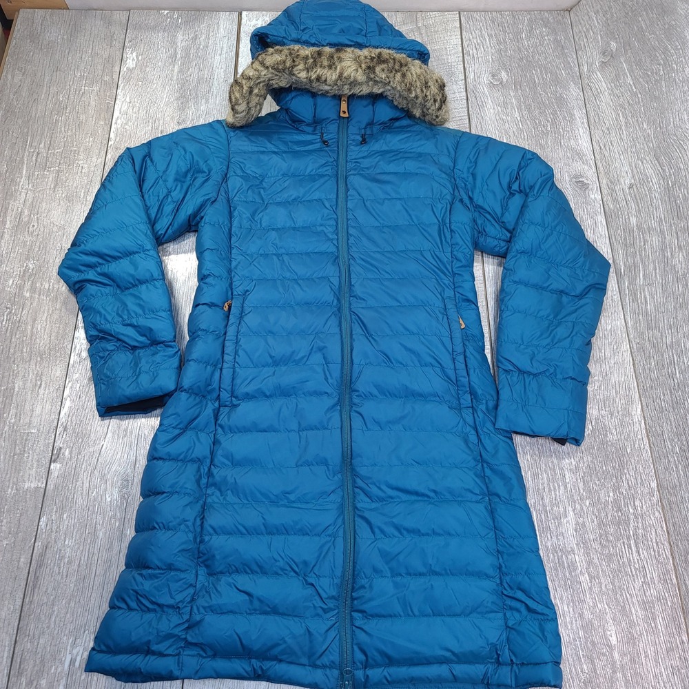 Fjallraven Ovik Down Parka Jacket Womens Small Blue Faux Fur Trim Hooded Coat